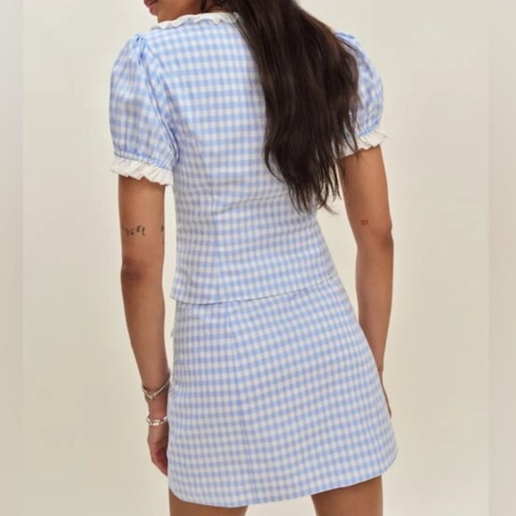 NEW Reformation Janell Two Piece Set Crystal Check Light Blue White | US 2 UK 6 - Picture 5 of 14